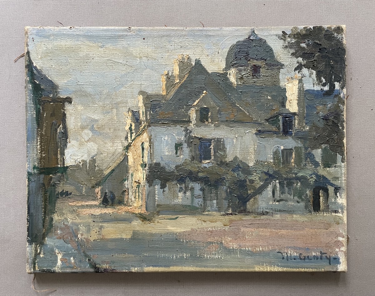Place De Village, Oil On Canvas Signed M. Genty