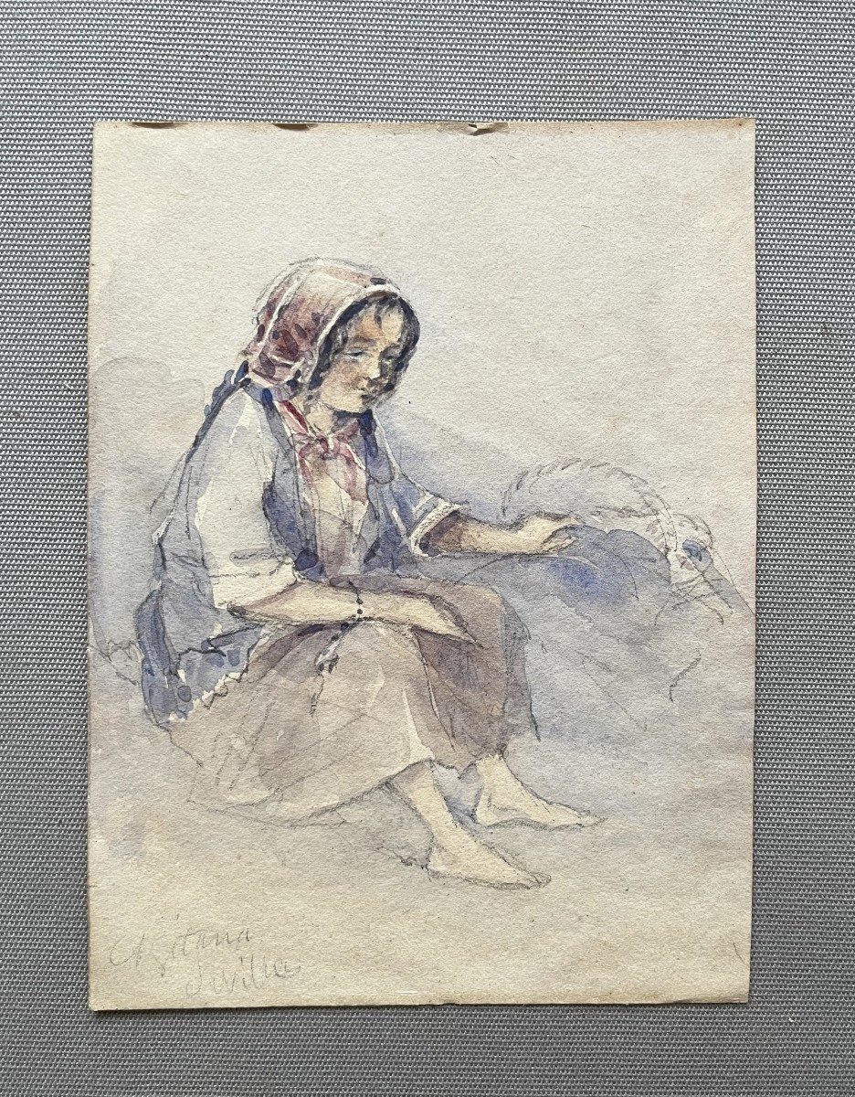 Jeune gitane de Séville, aquarelle, XIXe