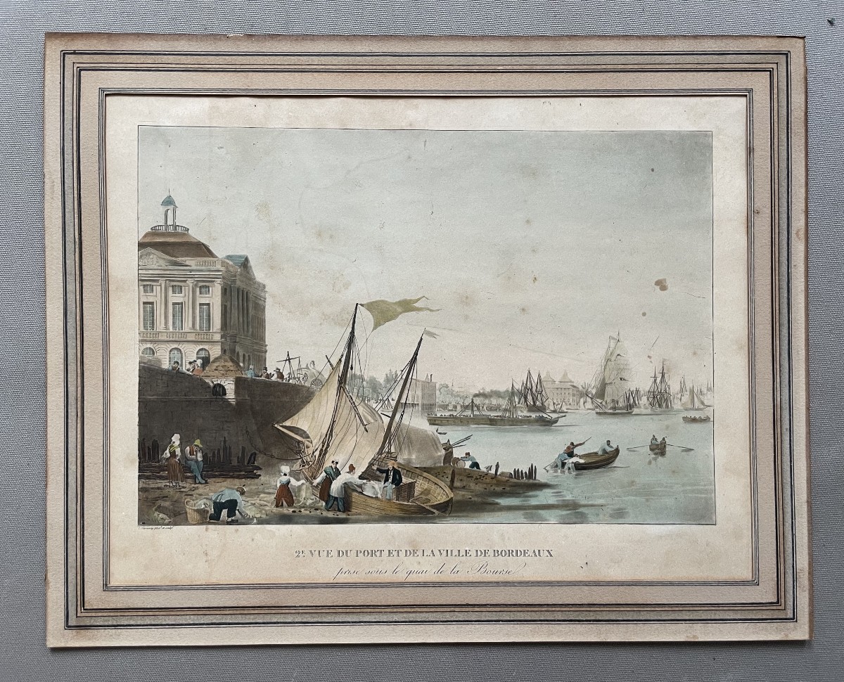 Vue du port et de la ville de Bordeaux, lithographie rehaussée