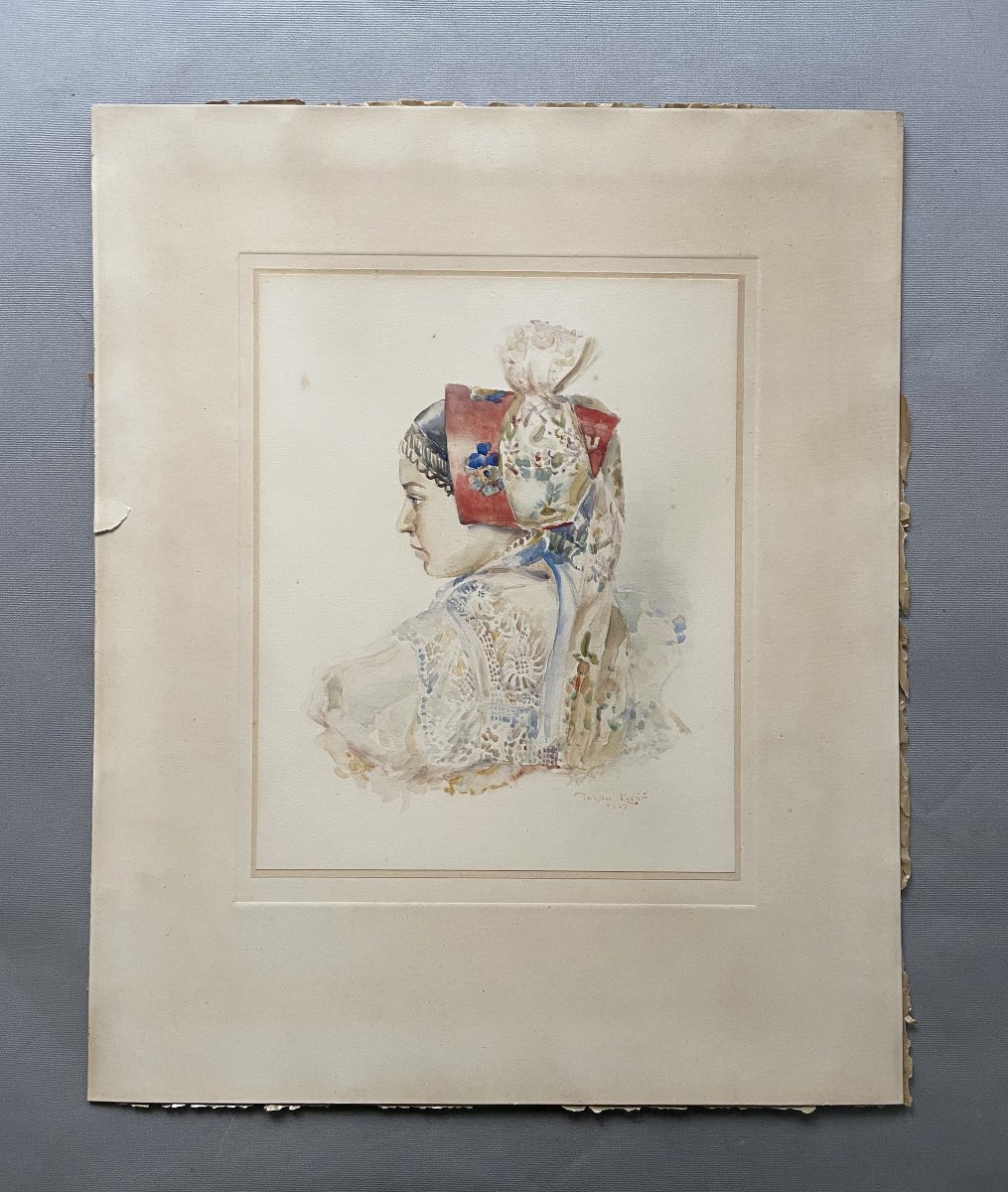Profile Of A Young Woman, Eastern School, Watercolor, Signature To Be Identified-photo-2