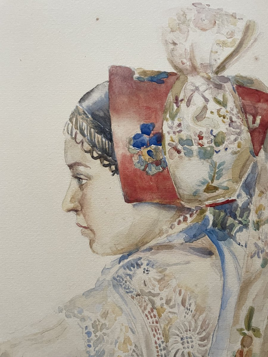 Profile Of A Young Woman, Eastern School, Watercolor, Signature To Be Identified-photo-3