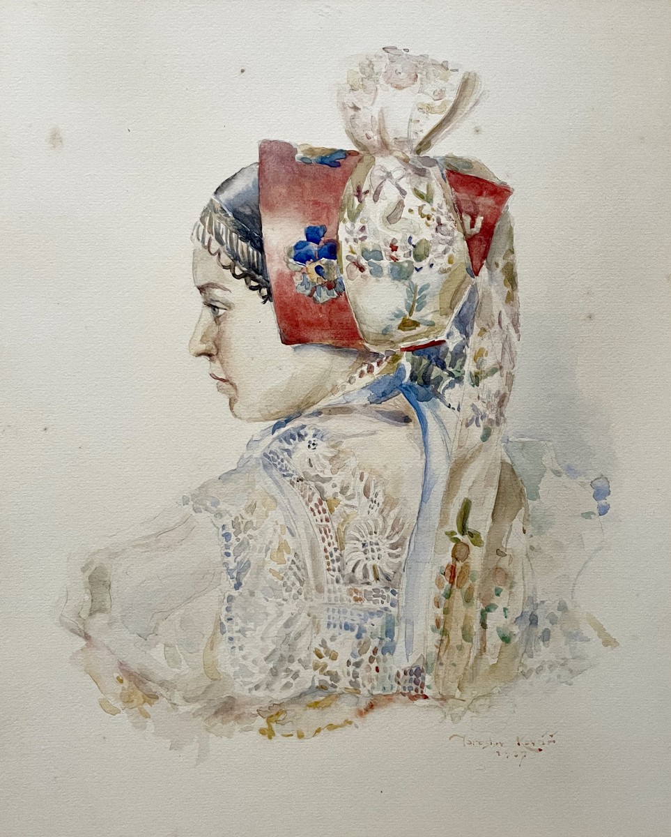 Profile Of A Young Woman, Eastern School, Watercolor, Signature To Be Identified