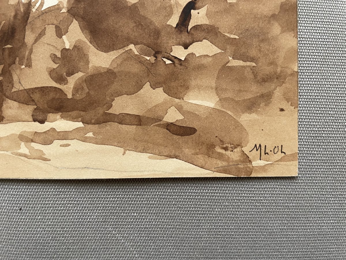 Marie-Louise Lustremant, paysage arboré, lavis d'encre brune-photo-2