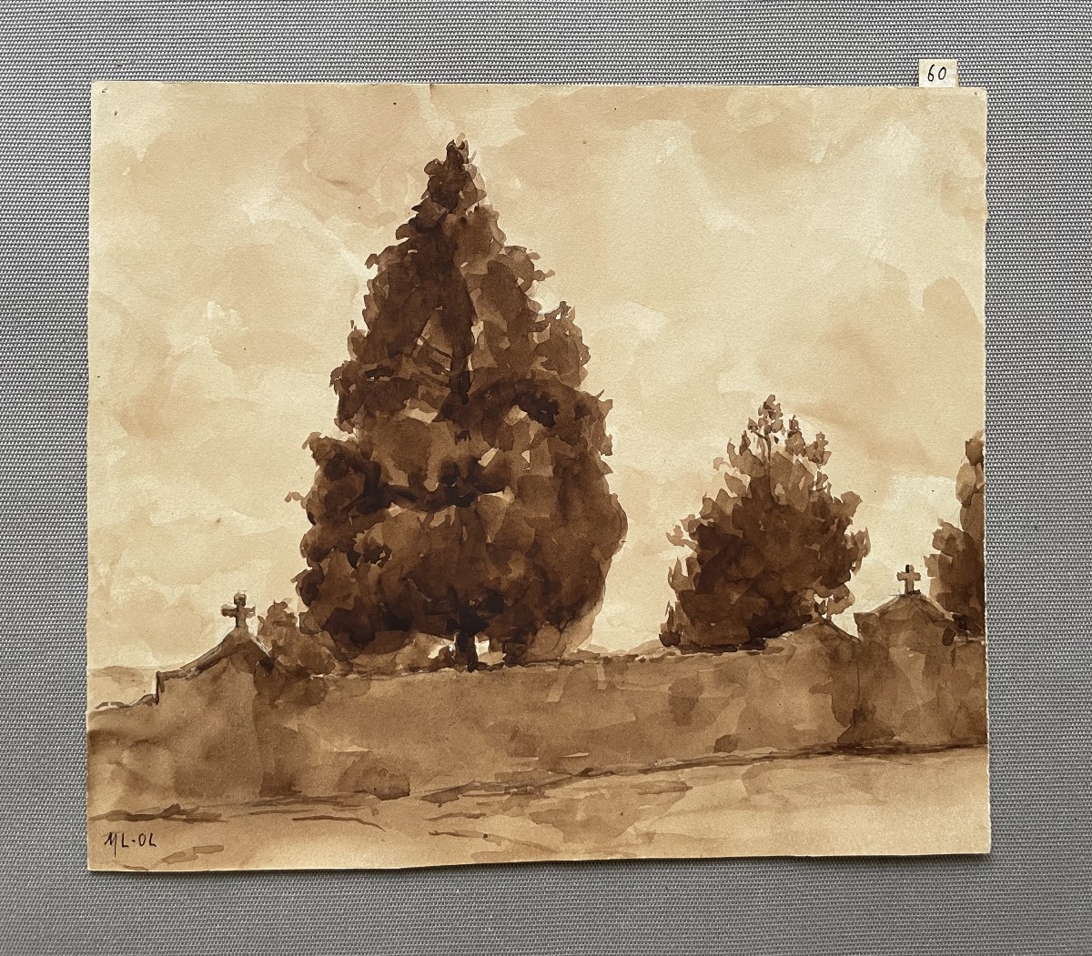 Marie-louise Lustremant, The Cemetery Wall, Brown Ink Wash