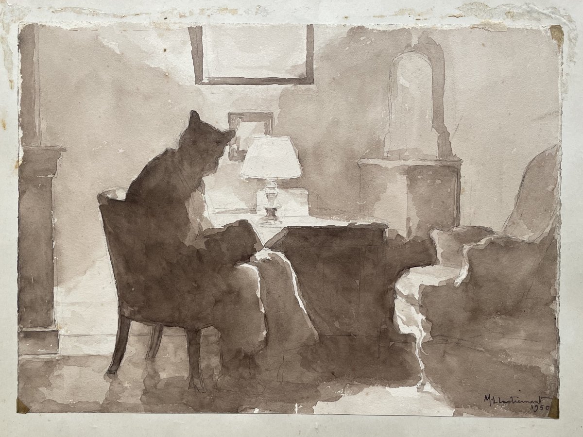 Marie-Louise Lustremant, scène d'intérieur, lavis d'encre brune-photo-2