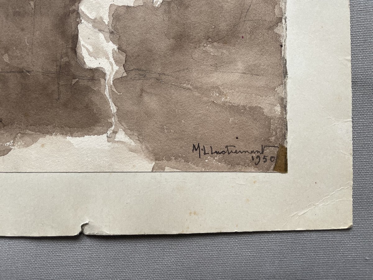 Marie-Louise Lustremant, scène d'intérieur, lavis d'encre brune-photo-3
