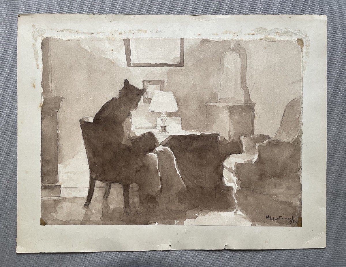 Marie-Louise Lustremant, scène d'intérieur, lavis d'encre brune