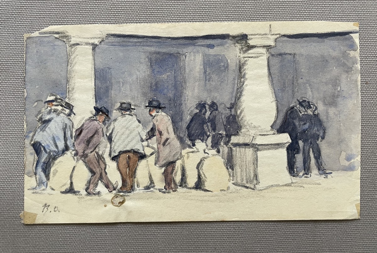 René Olivier, groupe d'hommes, aquarelle monogrammée