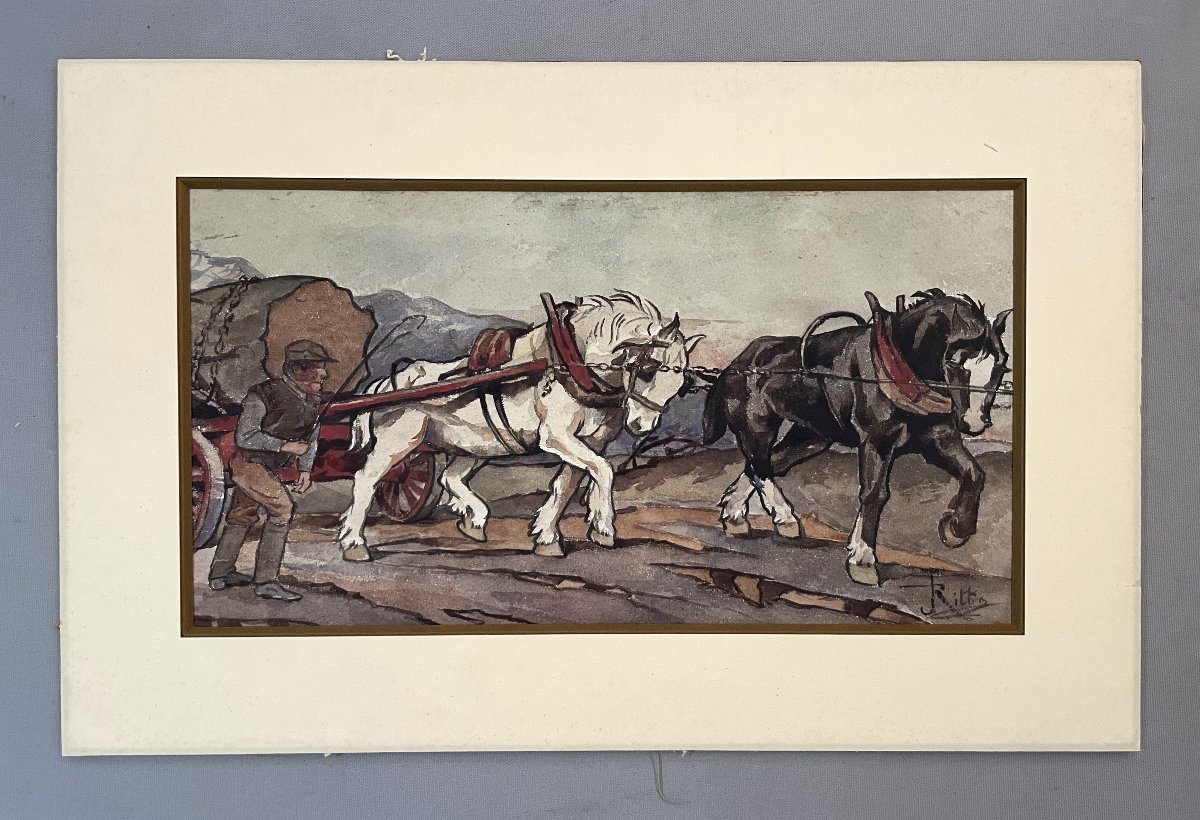 Chevaux de trait, aquarelle, signature à identifier-photo-2