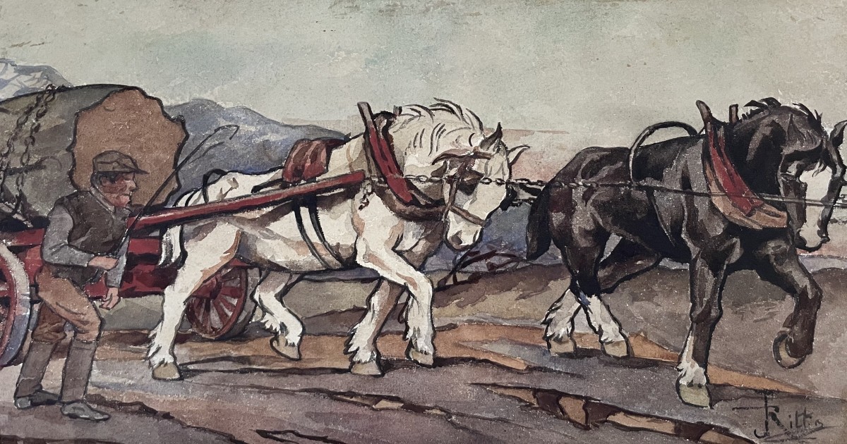 Chevaux de trait, aquarelle, signature à identifier