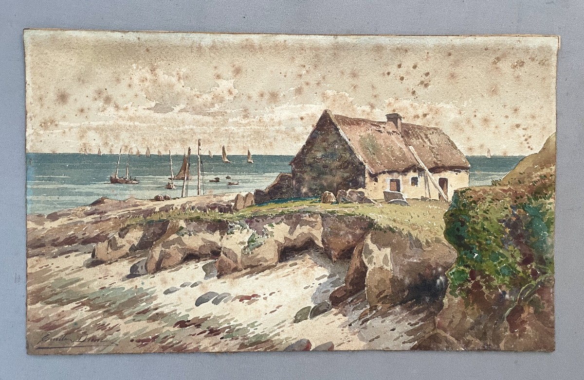 Emile Démé, maison sur la plage, aquarelle