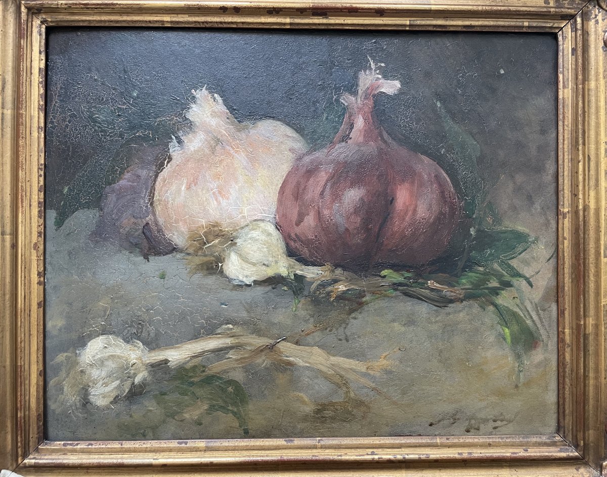 Still Life With Onions, Oil On Cardboard-photo-2