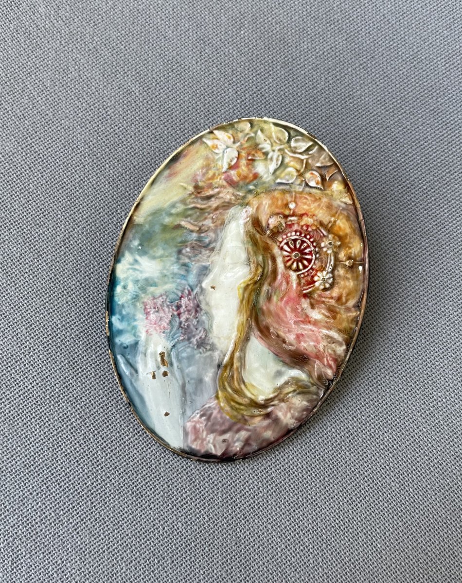 Art Nouveau Enamelled Copper Brooch In The Mucha Style