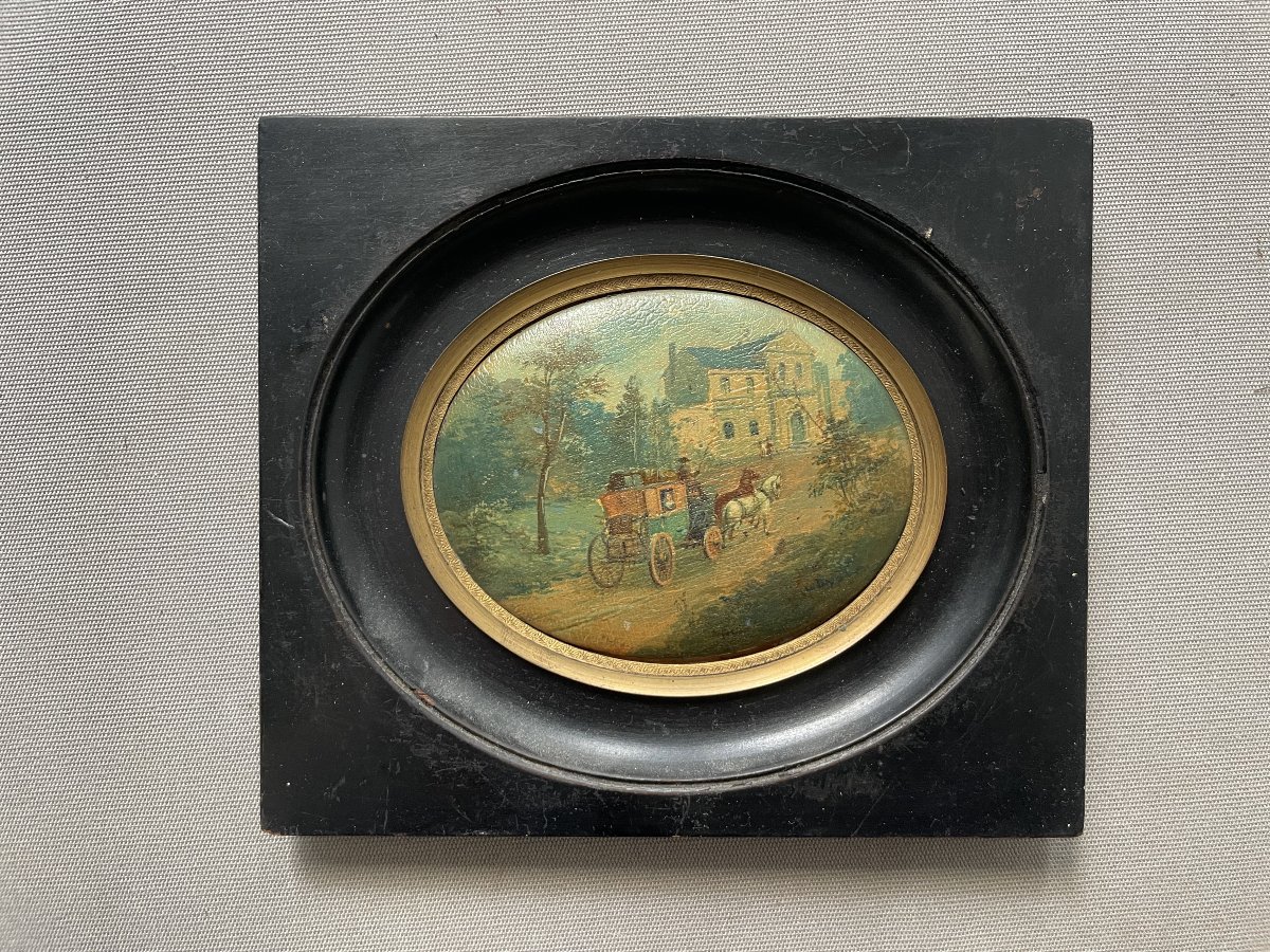 Carriages, Pair Of Miniature Paintings On Wood Panel-photo-2