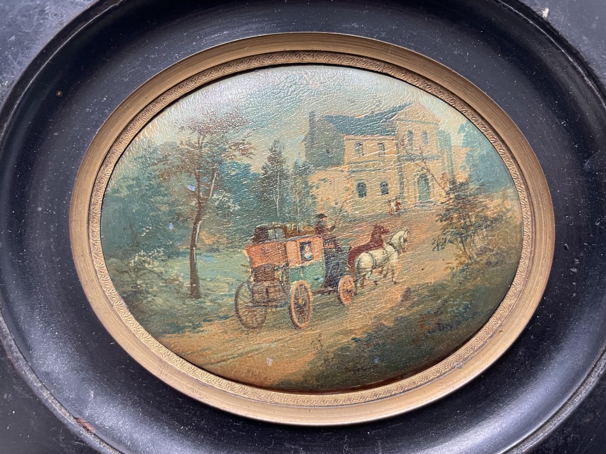 Carriages, Pair Of Miniature Paintings On Wood Panel-photo-3