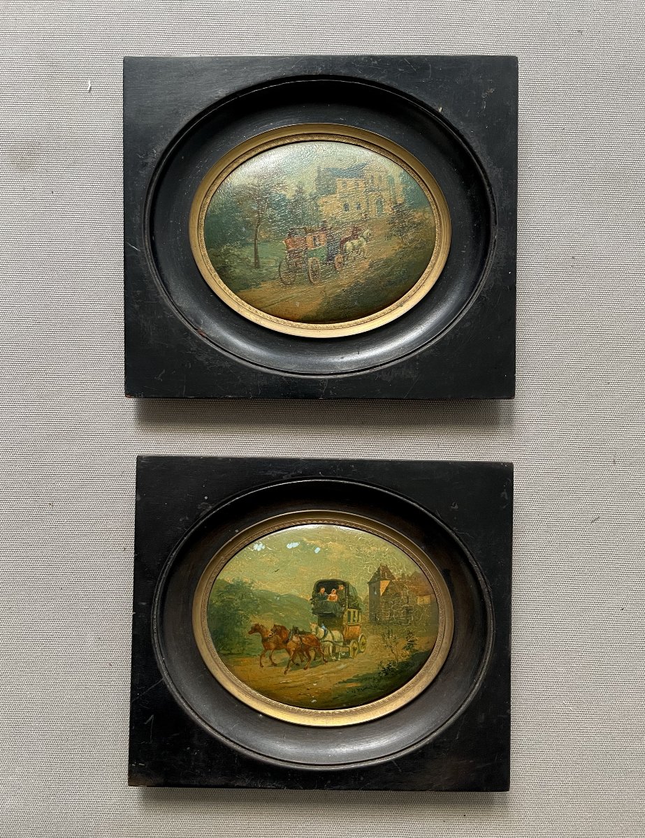 Carriages, Pair Of Miniature Paintings On Wood Panel