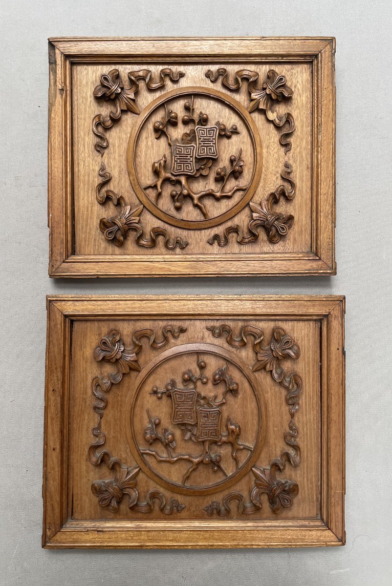 Paire de panneaux de bois sculpté, Chine, fin XIXe