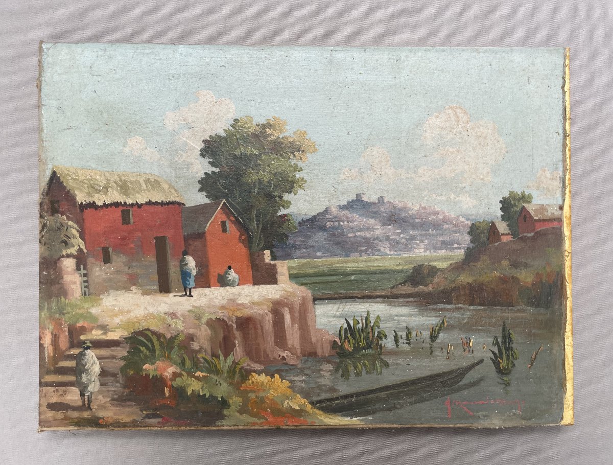 Albert Ranaivoson, village malgache, huile sur toile