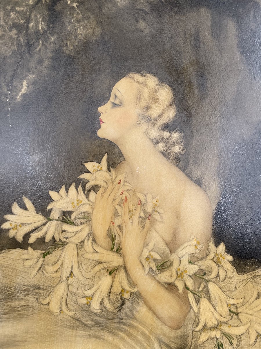 Louis Icart, La Femme Aux Lys, Lithograph Signed-photo-4