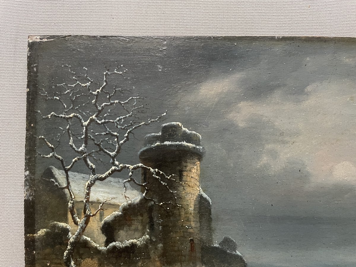 Paysage animé enneigé, école du Nord, huile sur panneau-photo-2