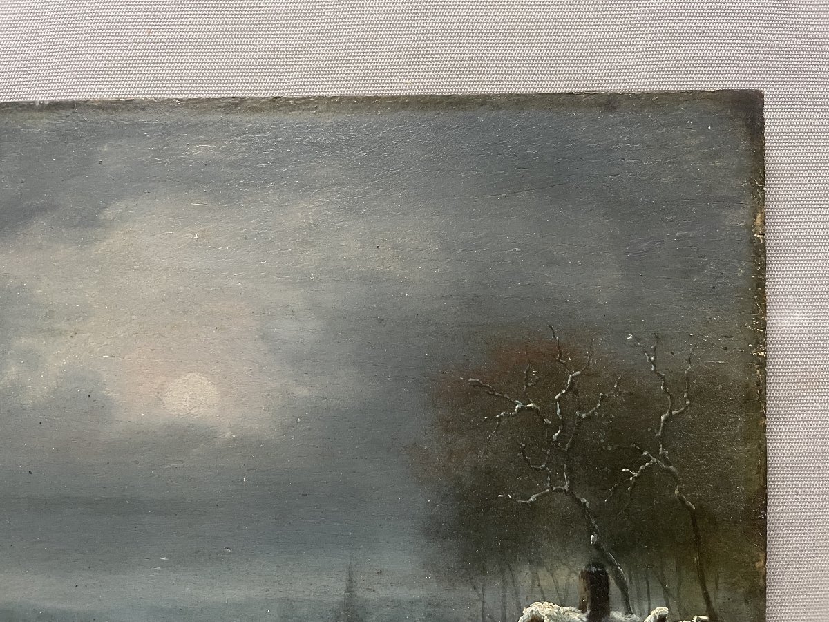 Paysage animé enneigé, école du Nord, huile sur panneau-photo-3