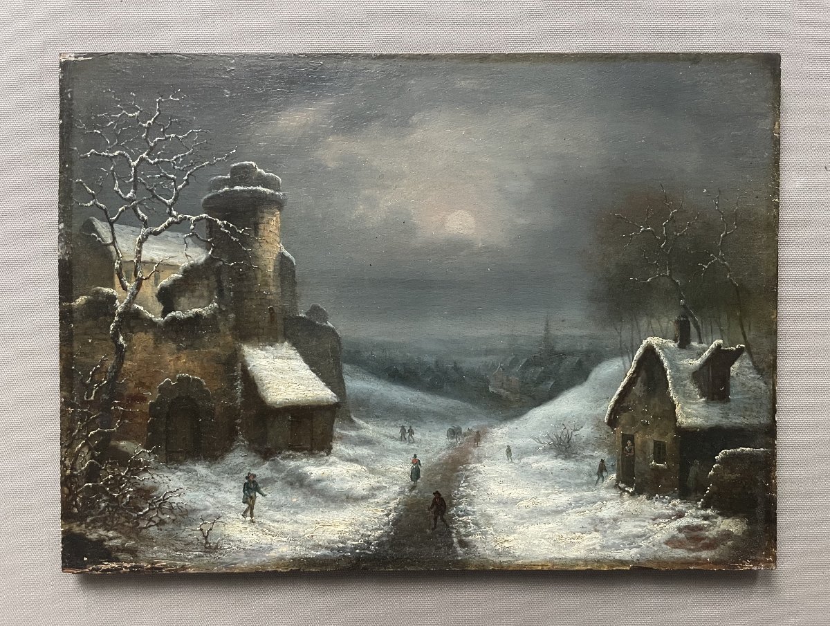 Paysage animé enneigé, école du Nord, huile sur panneau