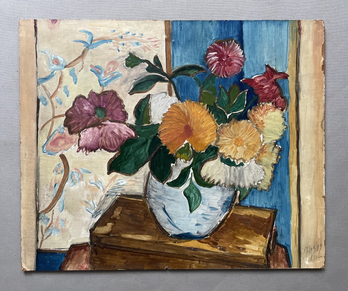 Bouquet de fleurs, signature à identifier, début XXe