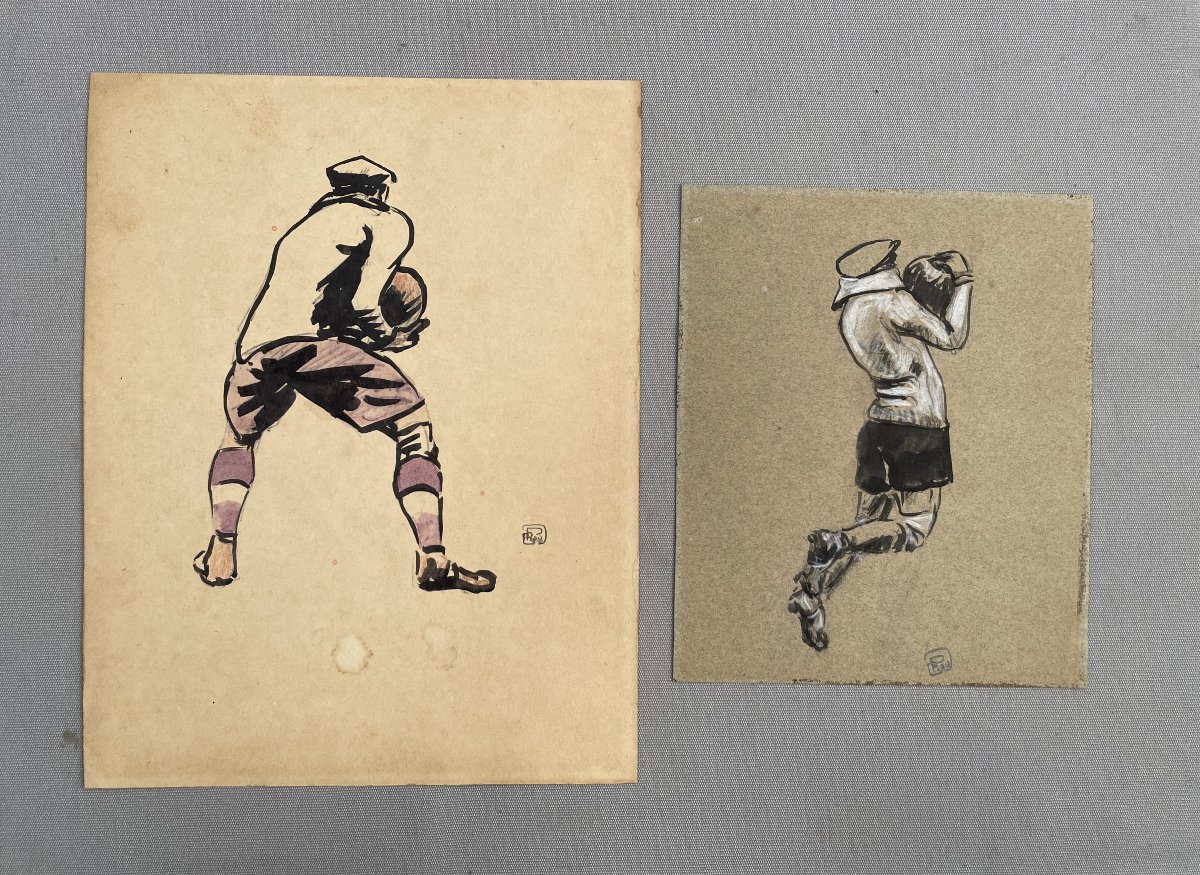 Rugby Players, Two Drawings, Monogram To Be Identified