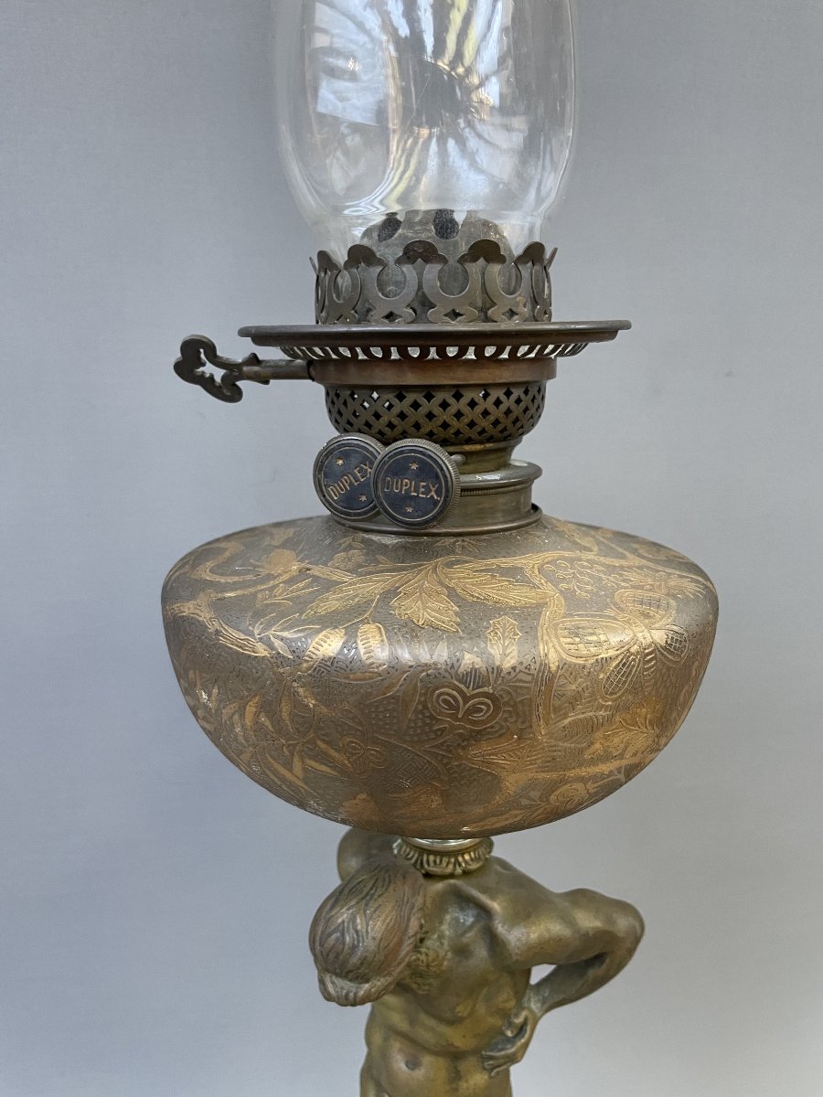 Large Oil Lamp Supported By A Bronze Titan-photo-4