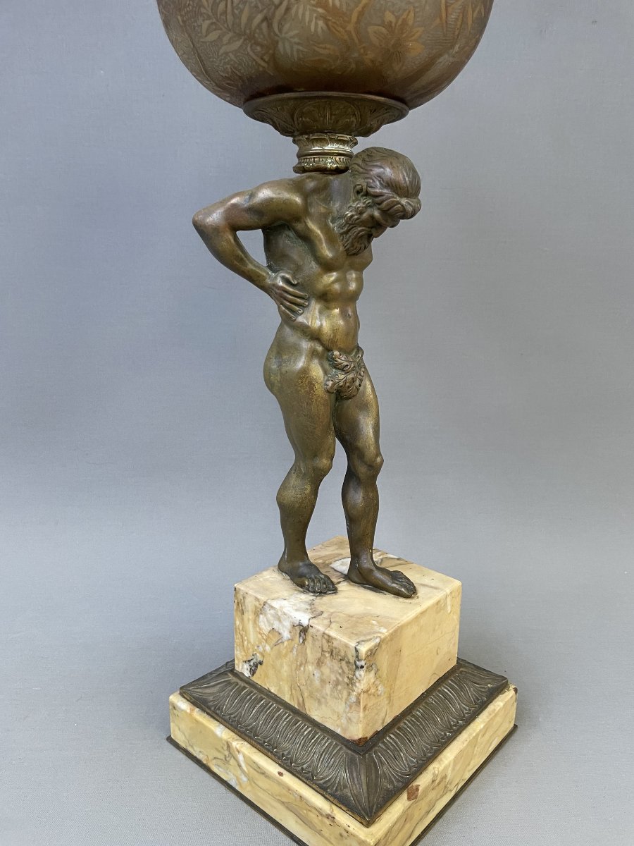 Large Oil Lamp Supported By A Bronze Titan-photo-2