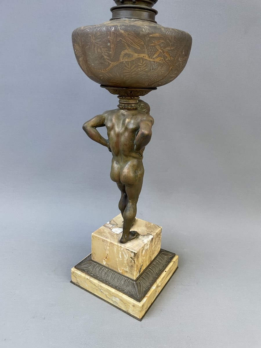 Large Oil Lamp Supported By A Bronze Titan-photo-4