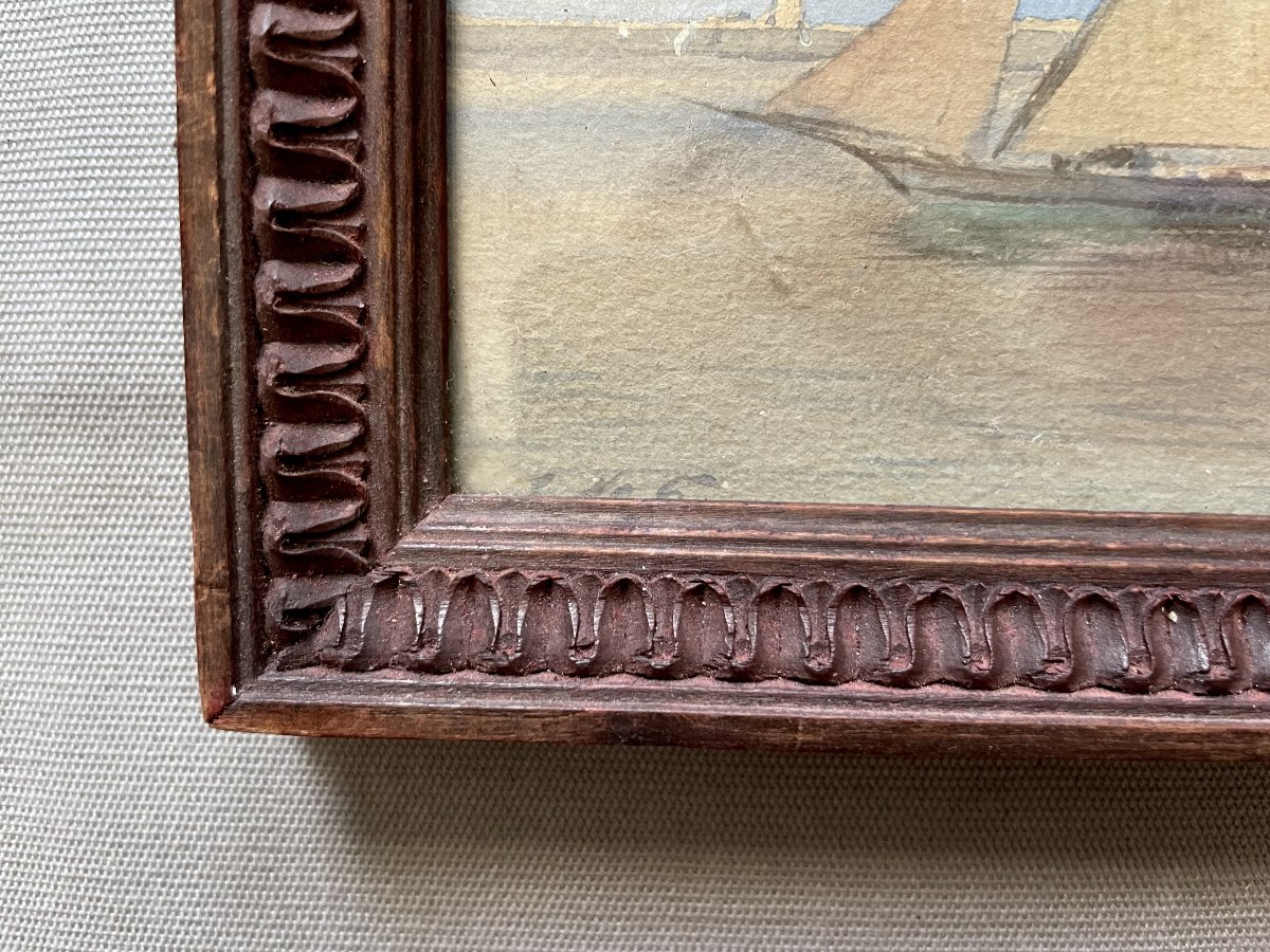  Sailing Ship Leaving The Harbor, Watercolor, 19th Century-photo-2