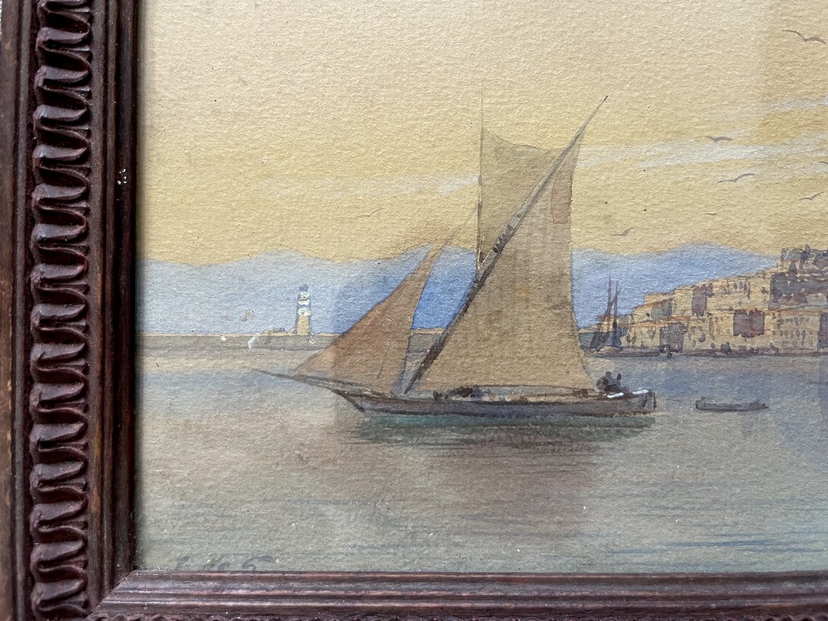  Sailing Ship Leaving The Harbor, Watercolor, 19th Century-photo-3