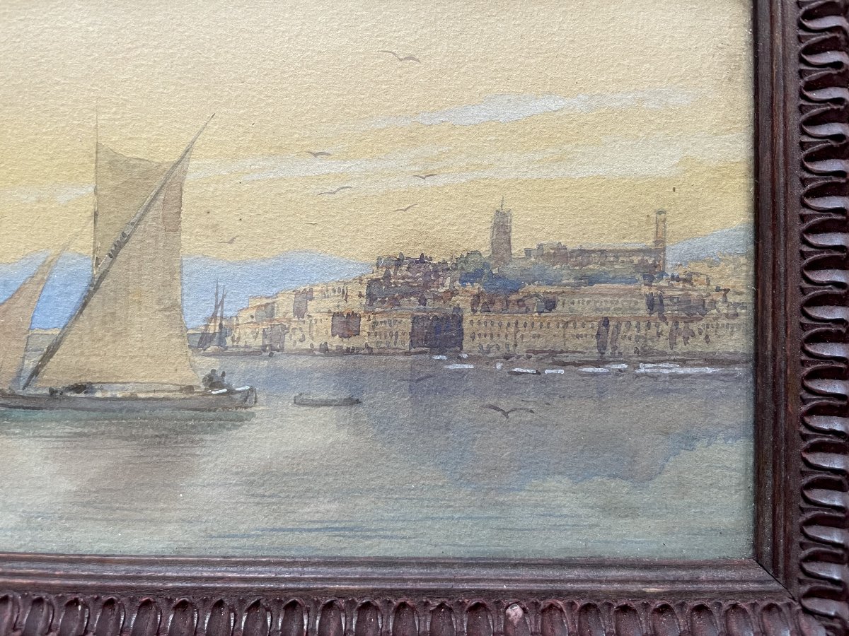  Sailing Ship Leaving The Harbor, Watercolor, 19th Century-photo-4
