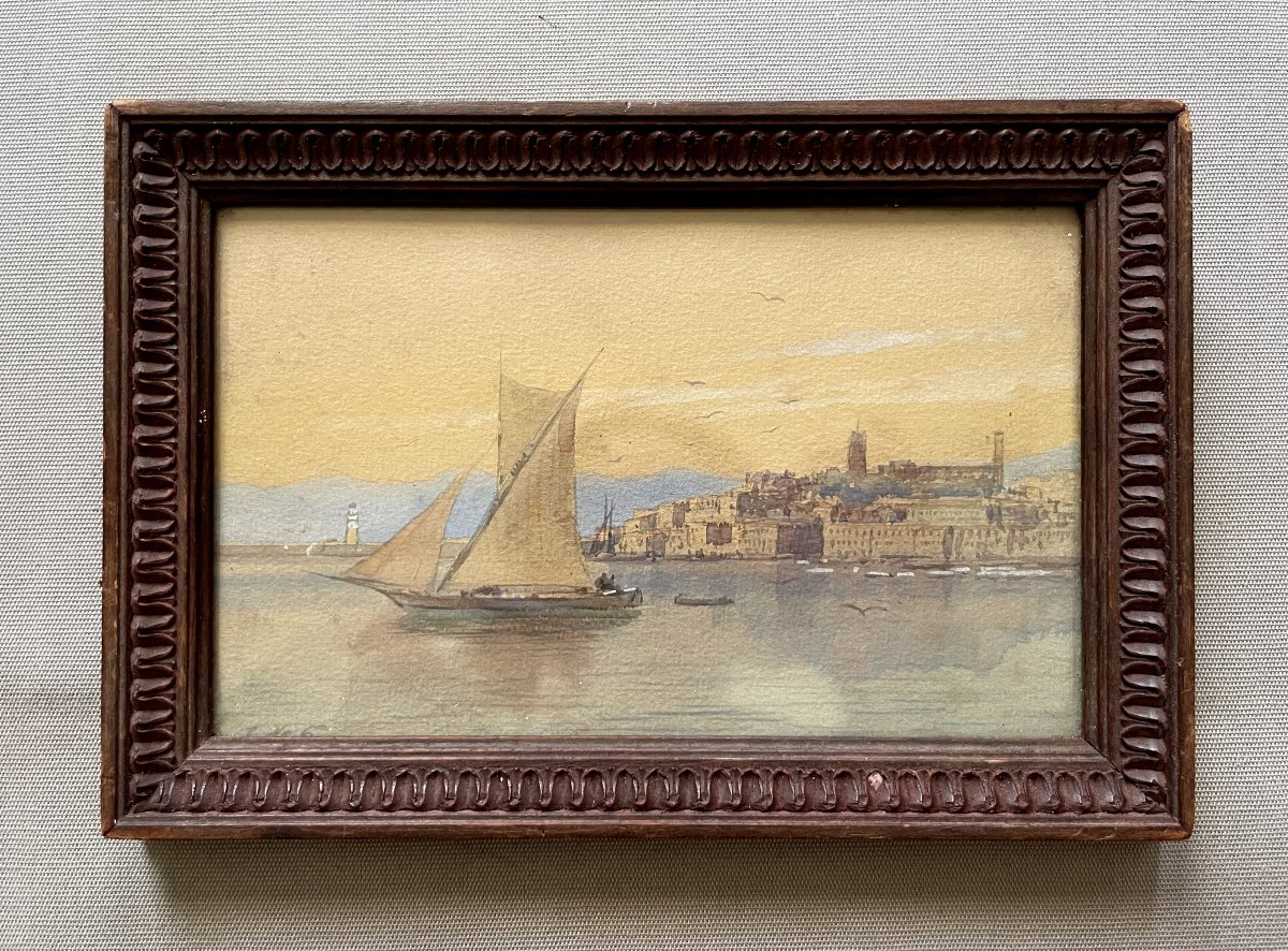 Sailing Ship Leaving The Harbor, Watercolor, 19th Century