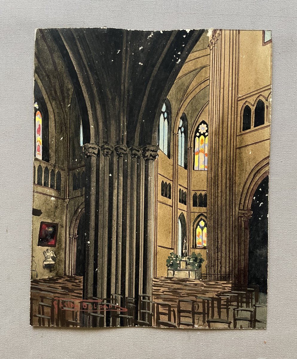 Interior Of Dijon Cathedral, Watercolor And Gouache