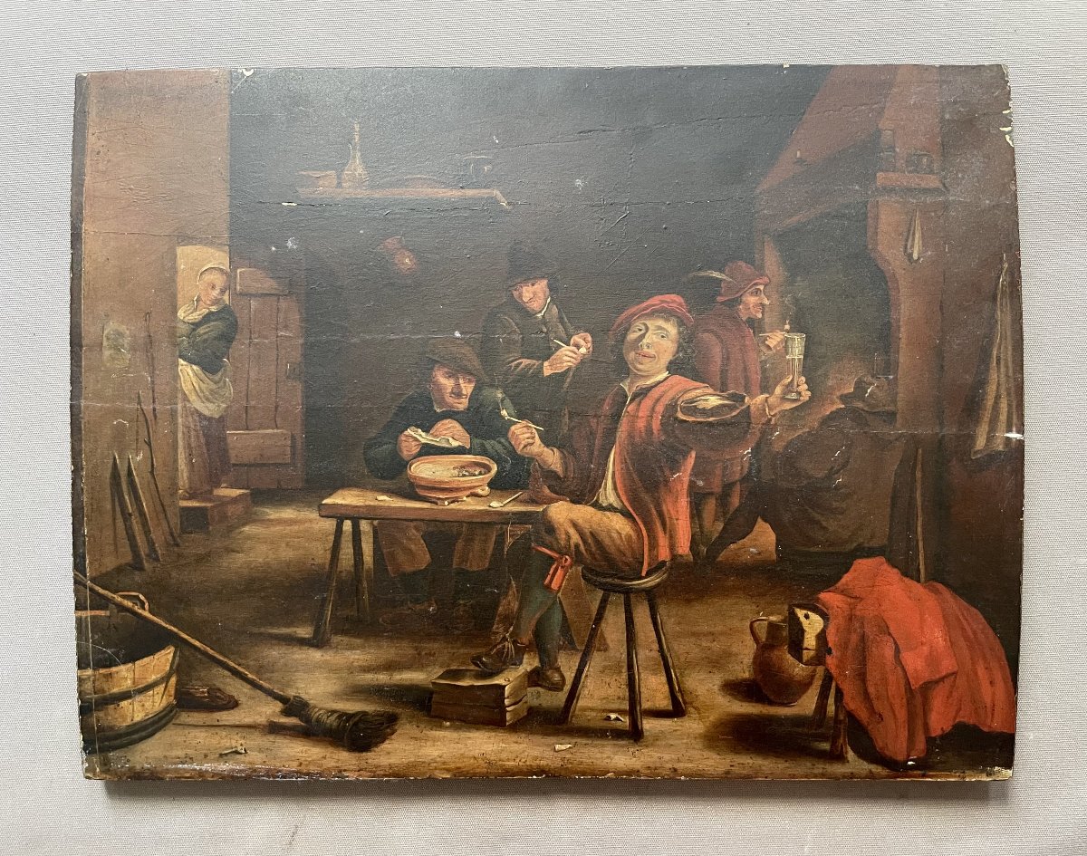 Scène de taverne, huile sur panneau, XVIIIe