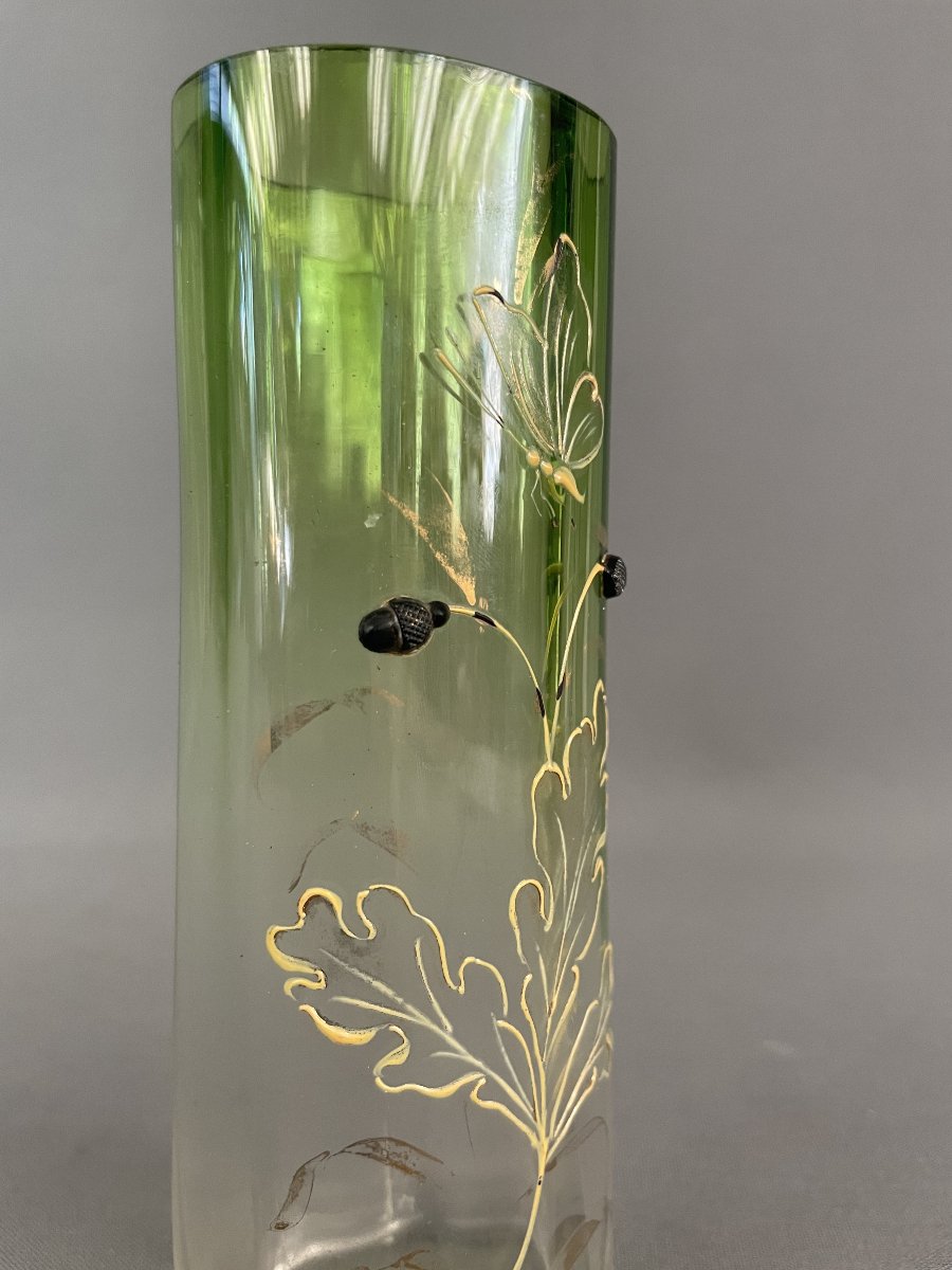 Petit vase émaillé à décor de papillon et branche de chêne-photo-3
