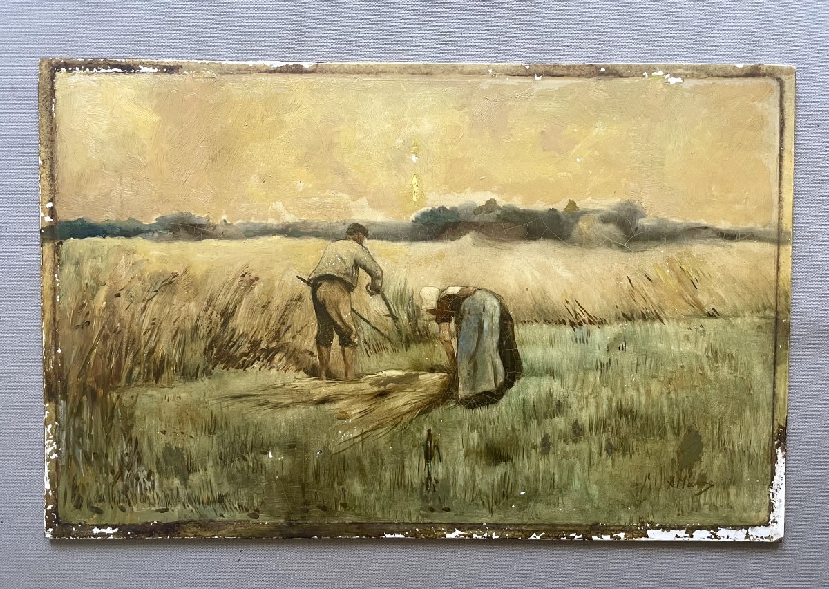 Les foins, peinture sur plaque de porcelaine - 32 x 50 cm