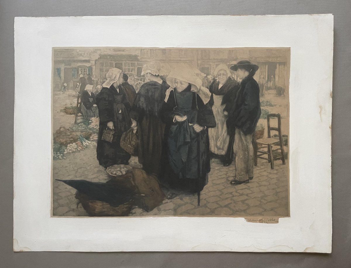 Manuel Robbe, Market Scene In Brittany, Aquatint-photo-2