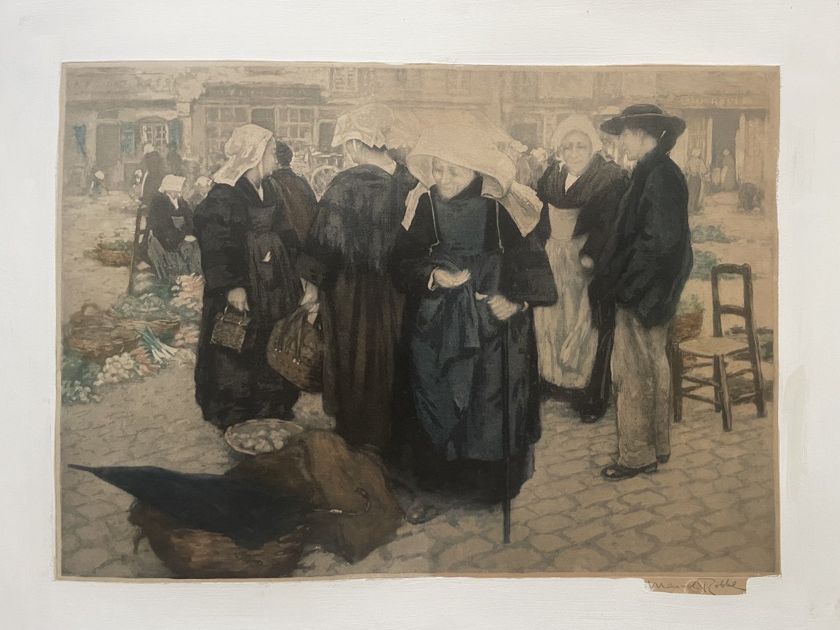Manuel Robbe, Market Scene In Brittany, Aquatint