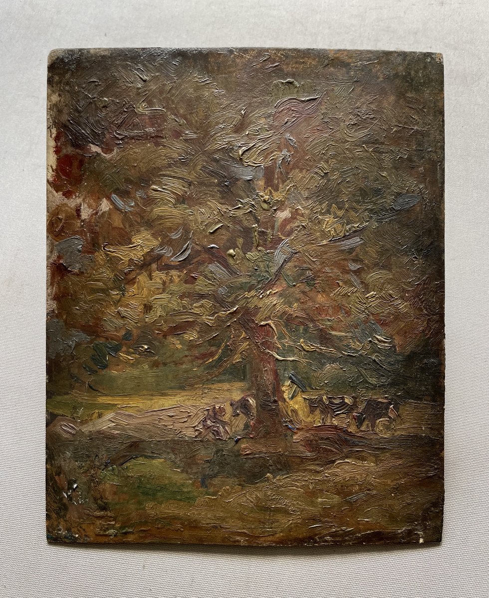 Vaches à l'ombre d'un arbre, huile sur panneau