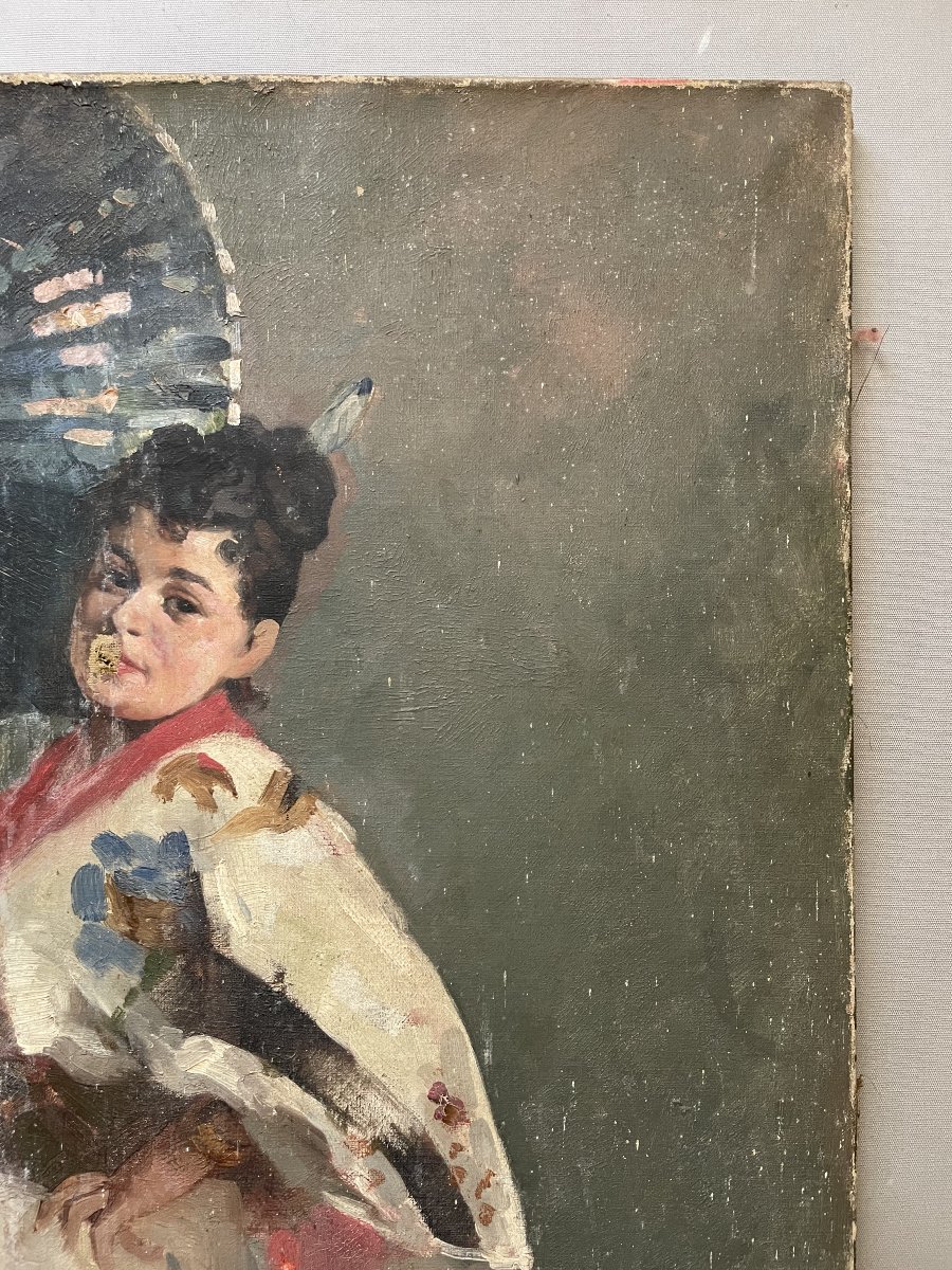 Woman With A Fan, Oil On Canvas, In Need Of Restoration-photo-2