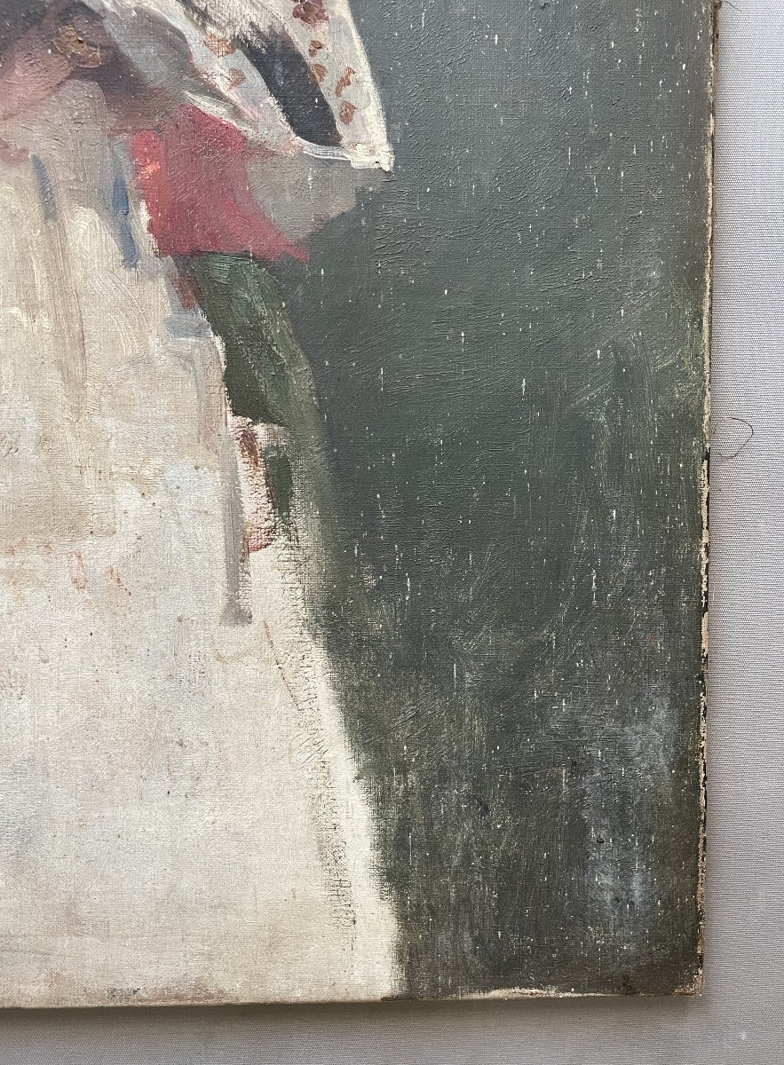 Woman With A Fan, Oil On Canvas, In Need Of Restoration-photo-3