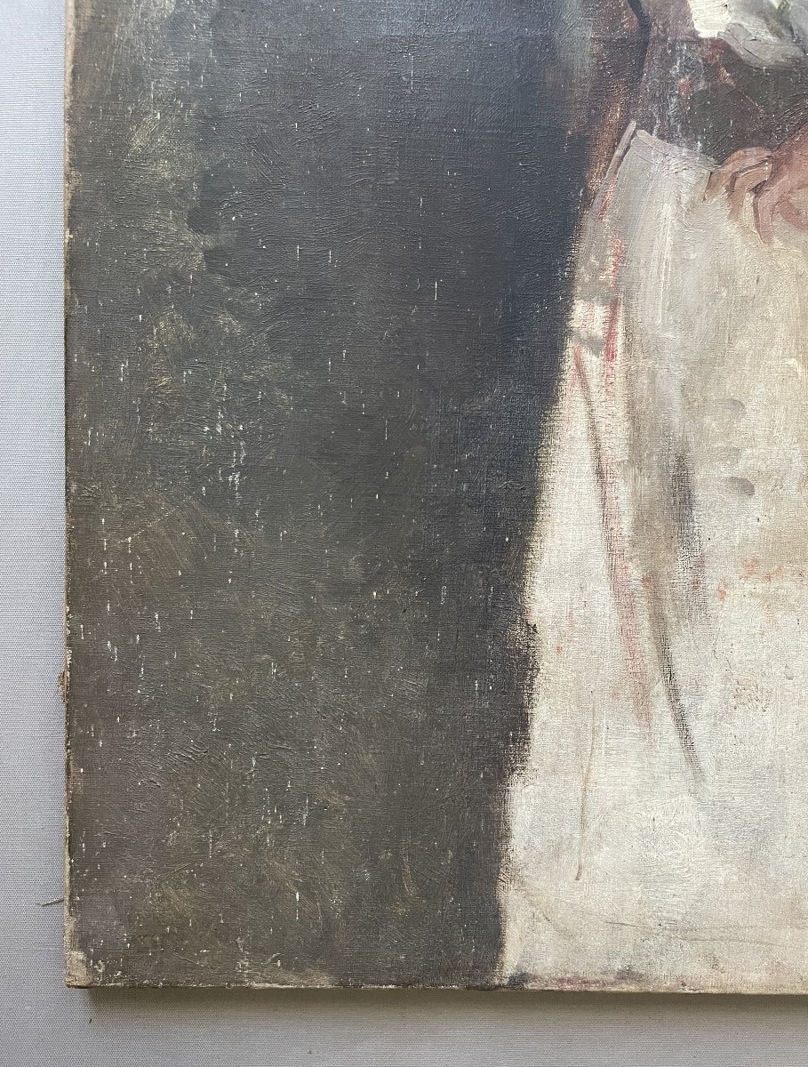Woman With A Fan, Oil On Canvas, In Need Of Restoration-photo-4