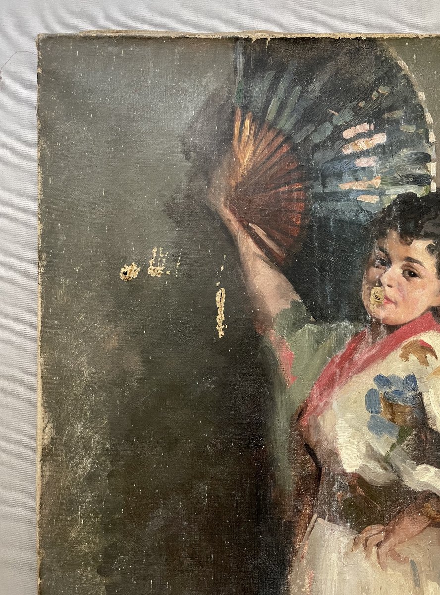Woman With A Fan, Oil On Canvas, In Need Of Restoration-photo-2