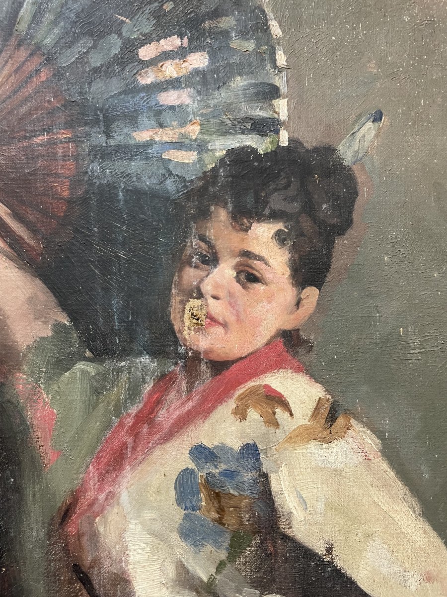 Woman With A Fan, Oil On Canvas, In Need Of Restoration-photo-3