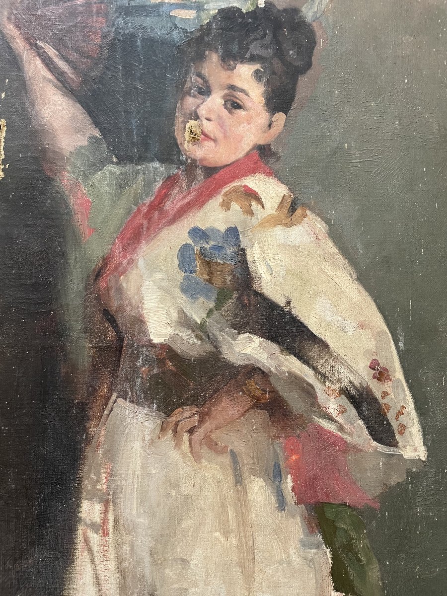 Woman With A Fan, Oil On Canvas, In Need Of Restoration-photo-4