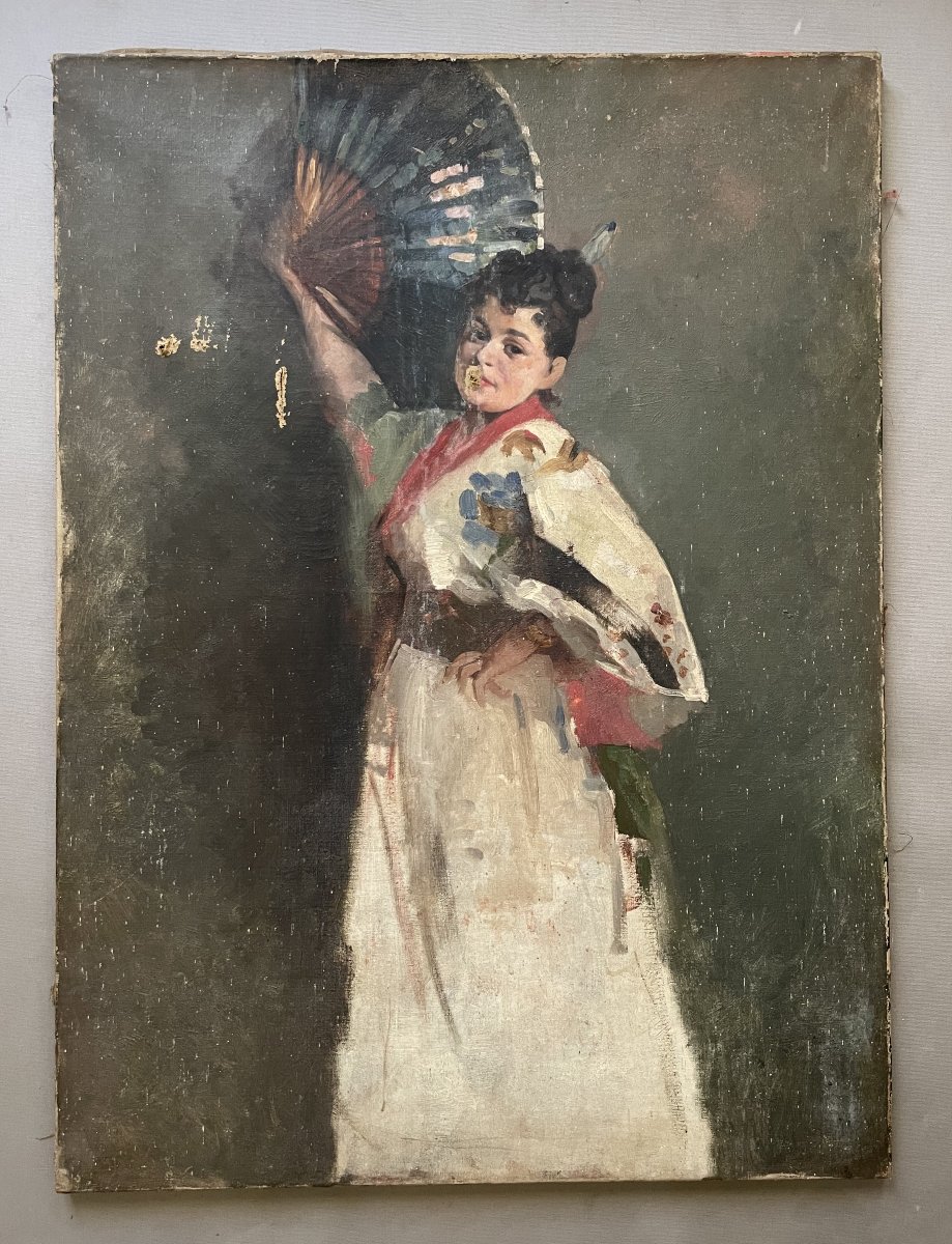 Woman With A Fan, Oil On Canvas, In Need Of Restoration