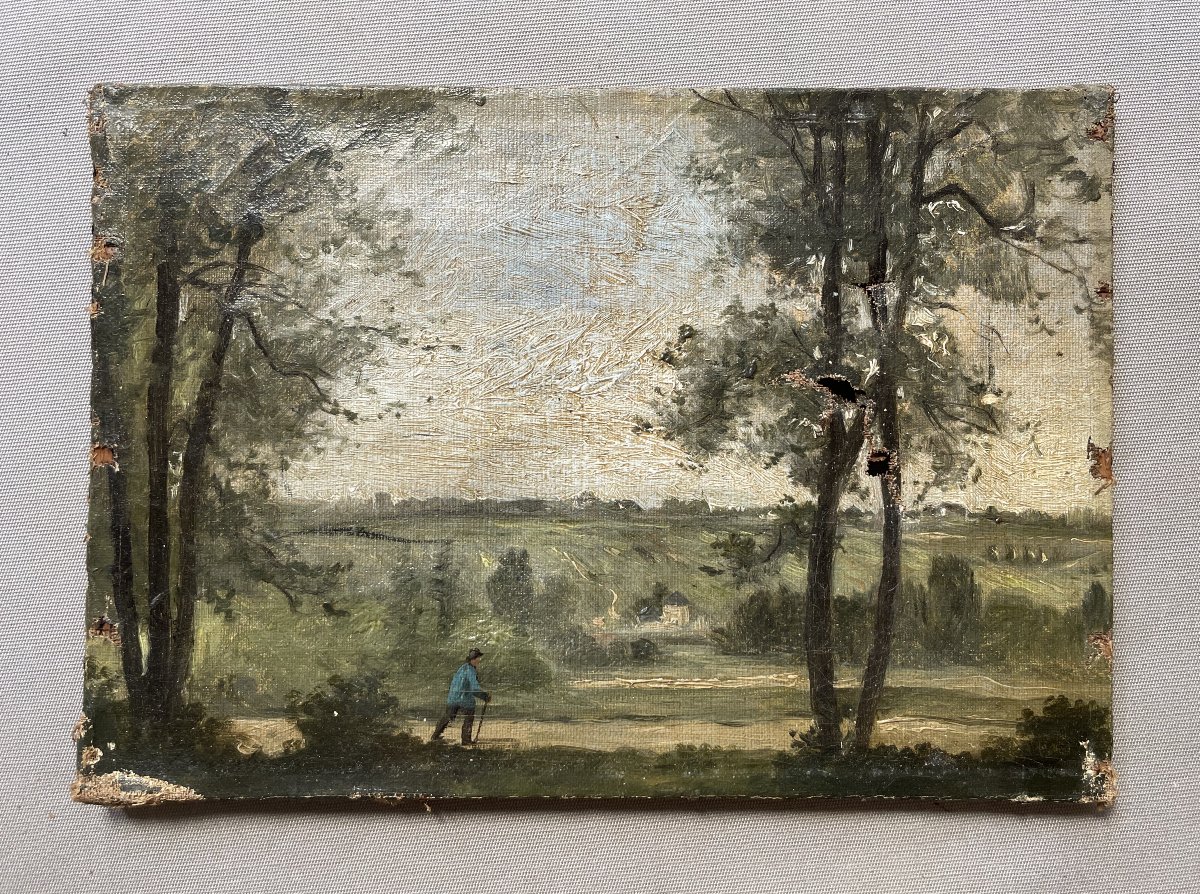 Paysage animé, huile sur toile à restaurer